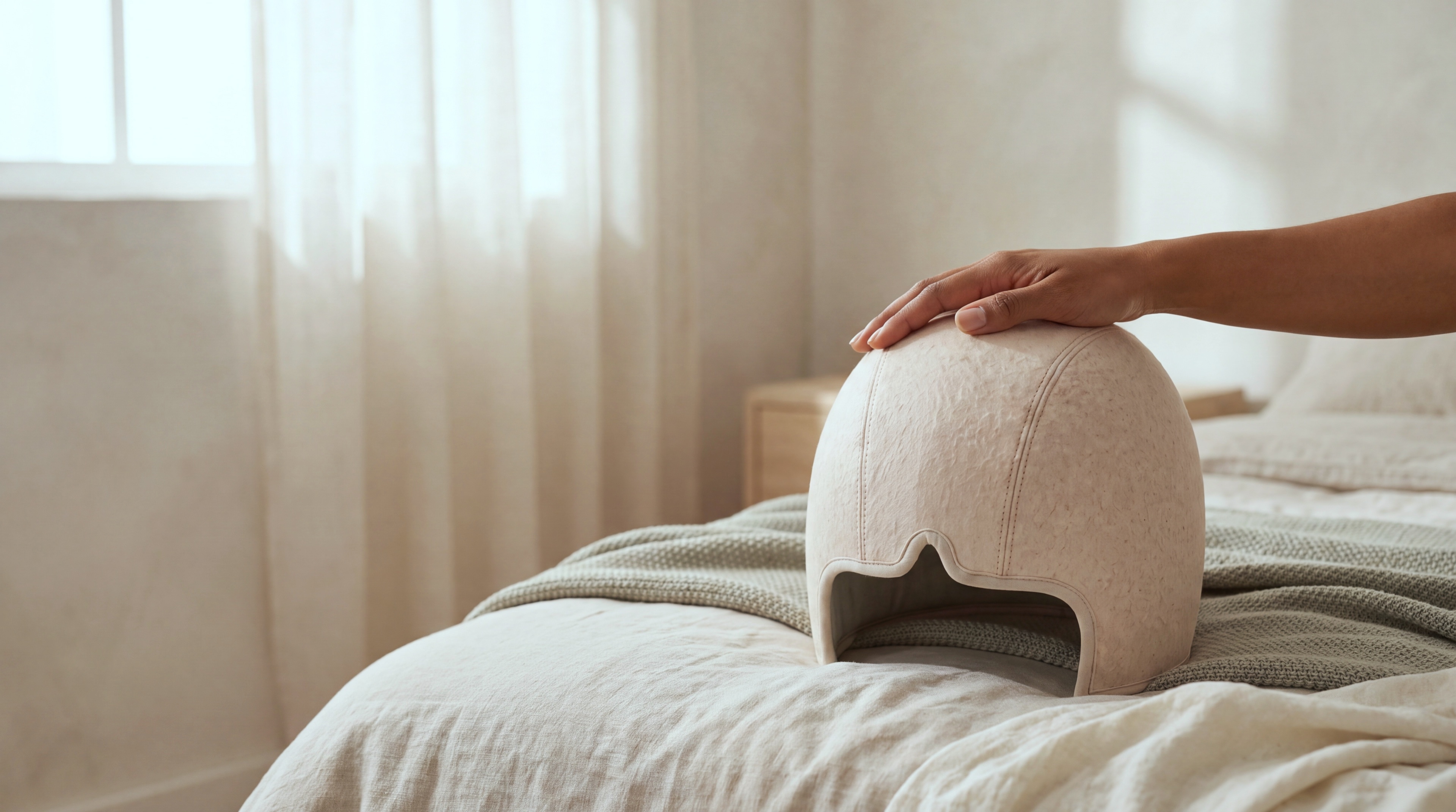 A caregiver's hand resting on the Soothe Helmet, which sits on a softly made bed in warm morning light.