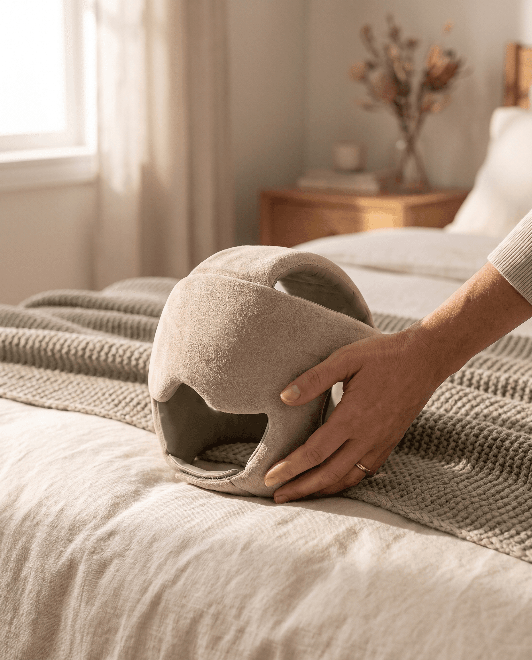 A caregiver's hand resting the Soothe Helmet on a softly made bed in warm morning light.